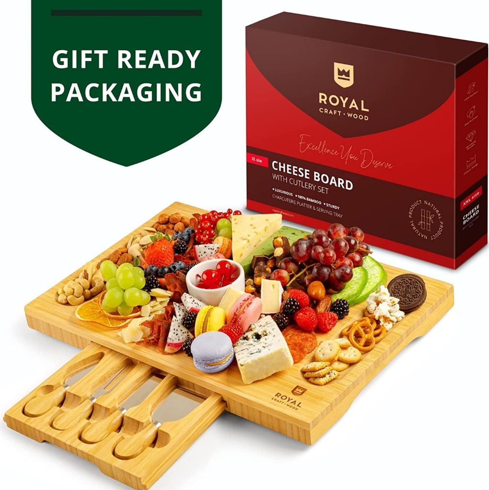 Bamboo Cheese Board, Charcuterie Platter & Serving Tray, 4 Stainless Steel Knife